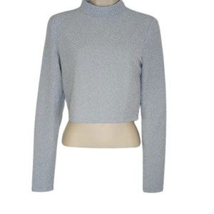 Elodie Womens Crop Top Silver Shimmer Metallic Cut Out Mock Neck M